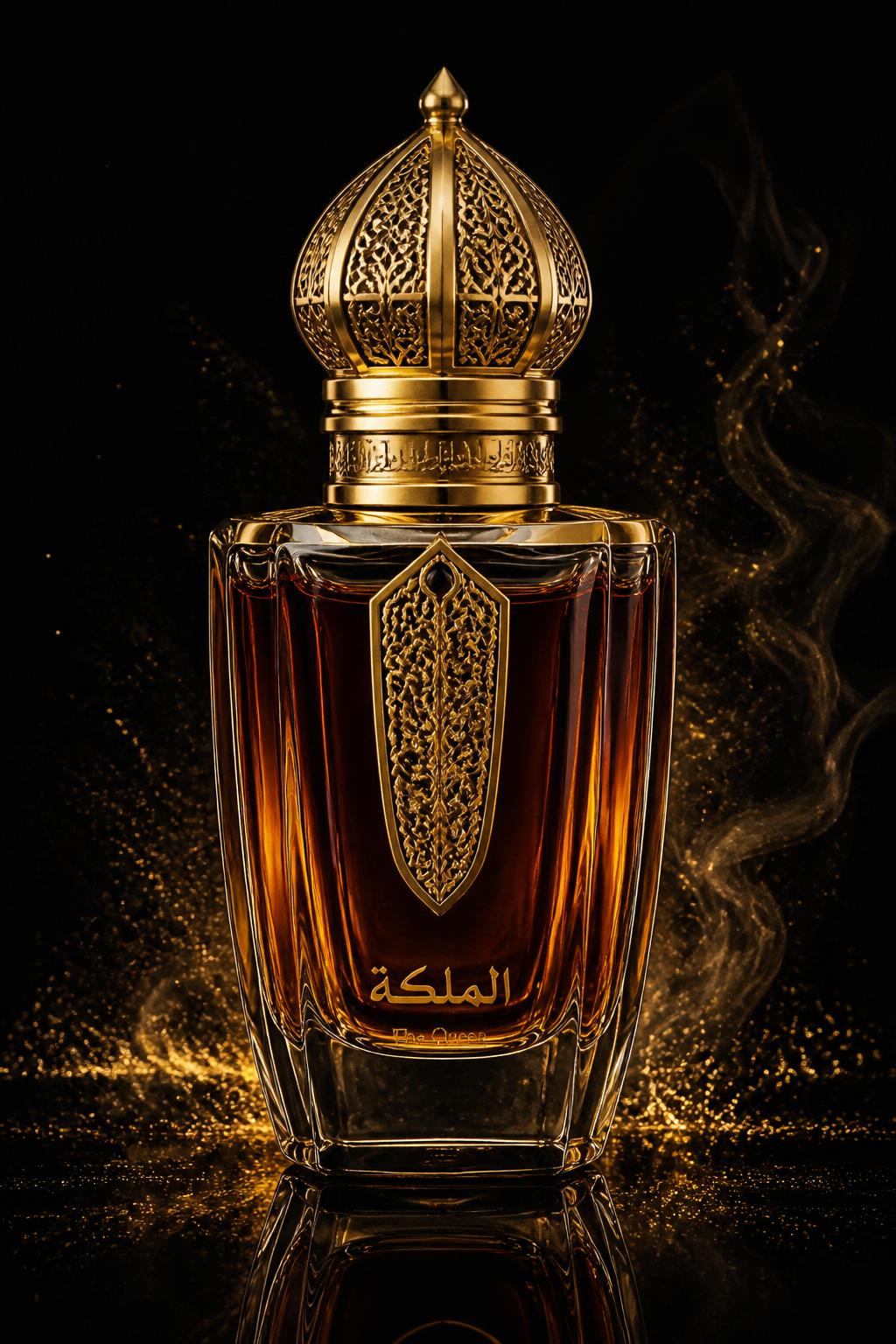 Frasco de perfume árabe luxuoso com cap dourado ornamentado